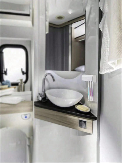 حامل فرشاة أسنان جداري متعدد الوظائف بدون حفر مع منظم لتخزين مستلزمات الحمام وموزع الحنفية