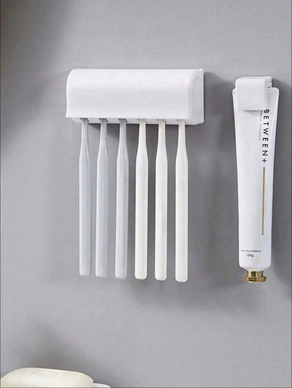 حامل فرشاة أسنان جداري متعدد الوظائف بدون حفر مع منظم لتخزين مستلزمات الحمام وموزع الحنفية