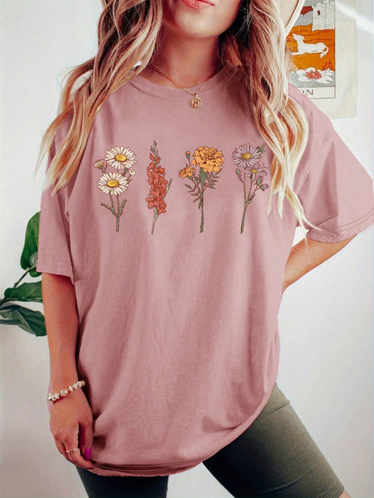تي شيرت للسيدات  بطبعة زهور ورقبة دائرية