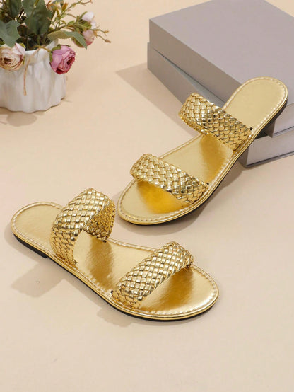 صندل نسائي مسطح محبوك بأصبع دائري جديد بنمط بسيط من الخط الواحد، مناسب للشاطئ