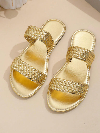 صندل نسائي مسطح محبوك بأصبع دائري جديد بنمط بسيط من الخط الواحد، مناسب للشاطئ