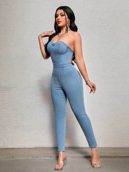 بدلة جينز ضيقة للنساء بتصميم بلا أكمام