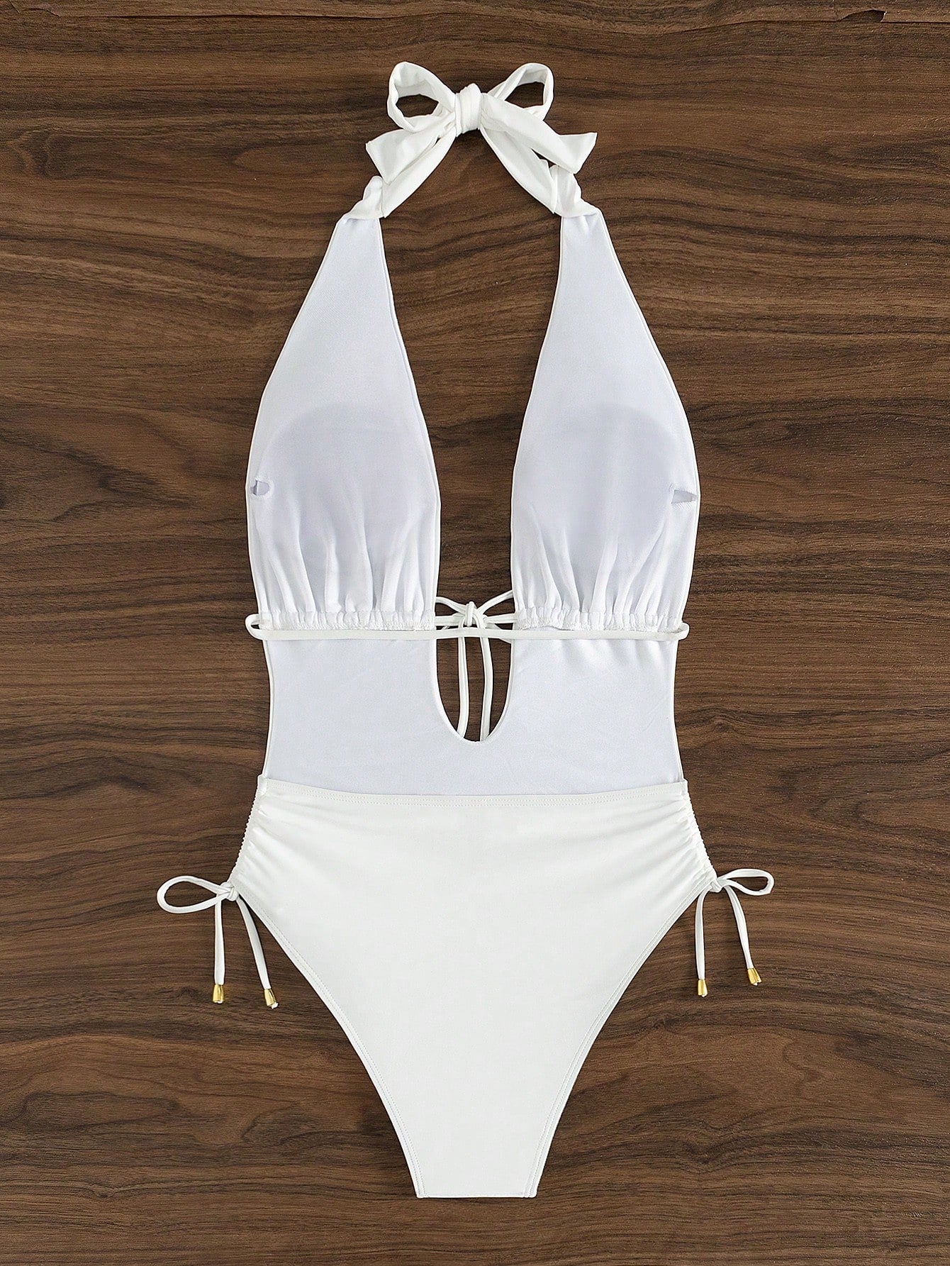 مايوه سباحة من قطعة واحدة بخصر مع رباط ورقبة هالتر بلون سادة للشاطئ في الصيف