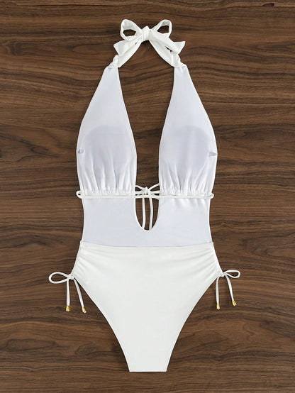 مايوه سباحة من قطعة واحدة بخصر مع رباط ورقبة هالتر بلون سادة للشاطئ في الصيف