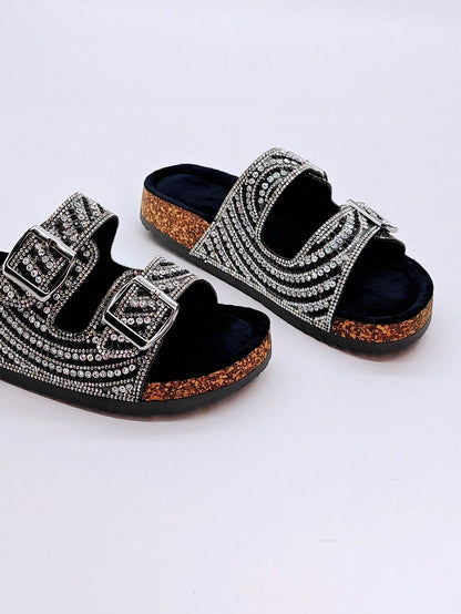 صنادل شريحة نسائية ذات كعب وردي منتفخ مطلي بالبلور الأسود الزجاجي واللمعان، للاستخدام على الشاطئ