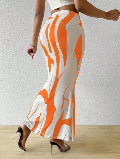 تنورة طويلة غير متماثلة مطبوعة بنمط هندسي للسيدات