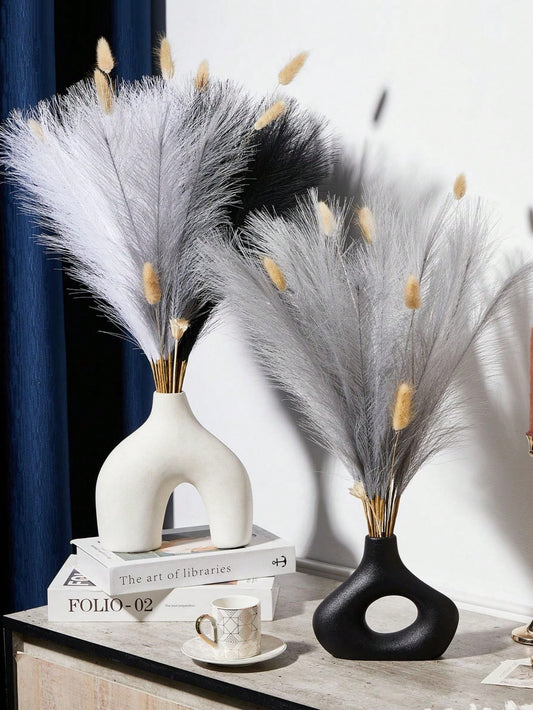 نباتات بامباس اصطناعية 15 قطعة بسيطة 54 سم/21.28 بوصة، زهرة اصطناعية كثيفة سوداء، بيضاء