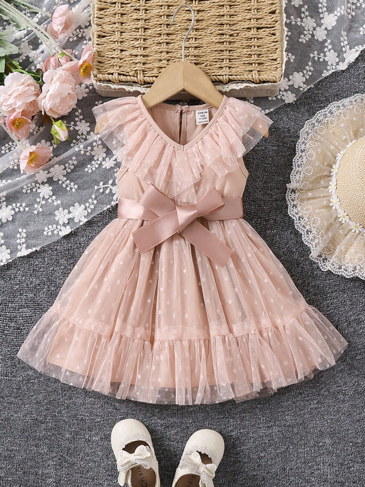 فستان الكم الأميرة للأطفال الرضع - مفرود مقلّم بالنقط الصيفي مع خصر مجمّع وجلبة شبكية بدون أكمام