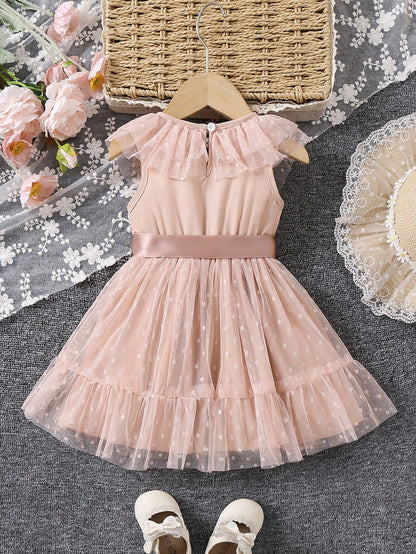 فستان الكم الأميرة للأطفال الرضع - مفرود مقلّم بالنقط الصيفي مع خصر مجمّع وجلبة شبكية بدون أكمام