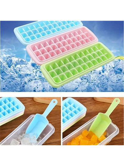 علبة صنع مكعّبات الثلج بغطاء ومقسّم 33 قطعة من البلاستيك، علبة جليد صغيرة سريعة التجميد للفريزر مصبوبة للمنزل ويقمّد
