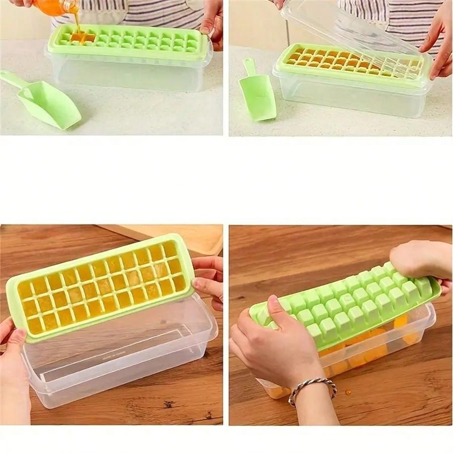 علبة صنع مكعّبات الثلج بغطاء ومقسّم 33 قطعة من البلاستيك، علبة جليد صغيرة سريعة التجميد للفريزر مصبوبة للمنزل ويقمّد