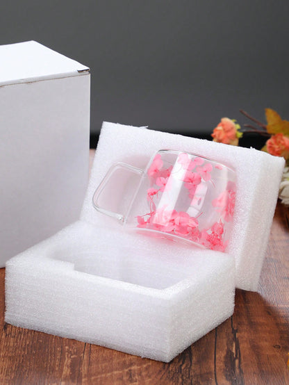 كأس زجاجي مزدوج الطبقات مع زهور حقيقية، هدية ذات قيمة عالية وشعبية، كأس زجاجي بوروسيليكات بسيط للتجارة الحدودية