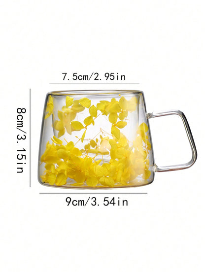 كوب زجاجي مزدوج الطبقات مع تصميم شعبي للزهور الحقيقية: هدية أنيقة وأدوات شرب بسيطة مصنوعة من زجاج السيليكون عالي البورون للمبيعات الحدودية.