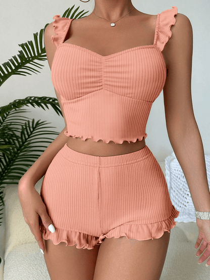 مجموعة بيجاما مضلعة مكونة من بلوزة وشورت قصير مثير مطرزة بالكشكشة للنساء