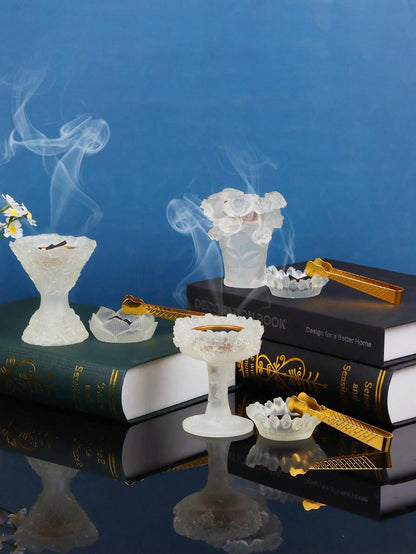 طقم مبخرة ومشابك بتصميم زهور، حامل بخور بوليريسين منقوش على شكل وردة لديكور المنزل 3 قطع