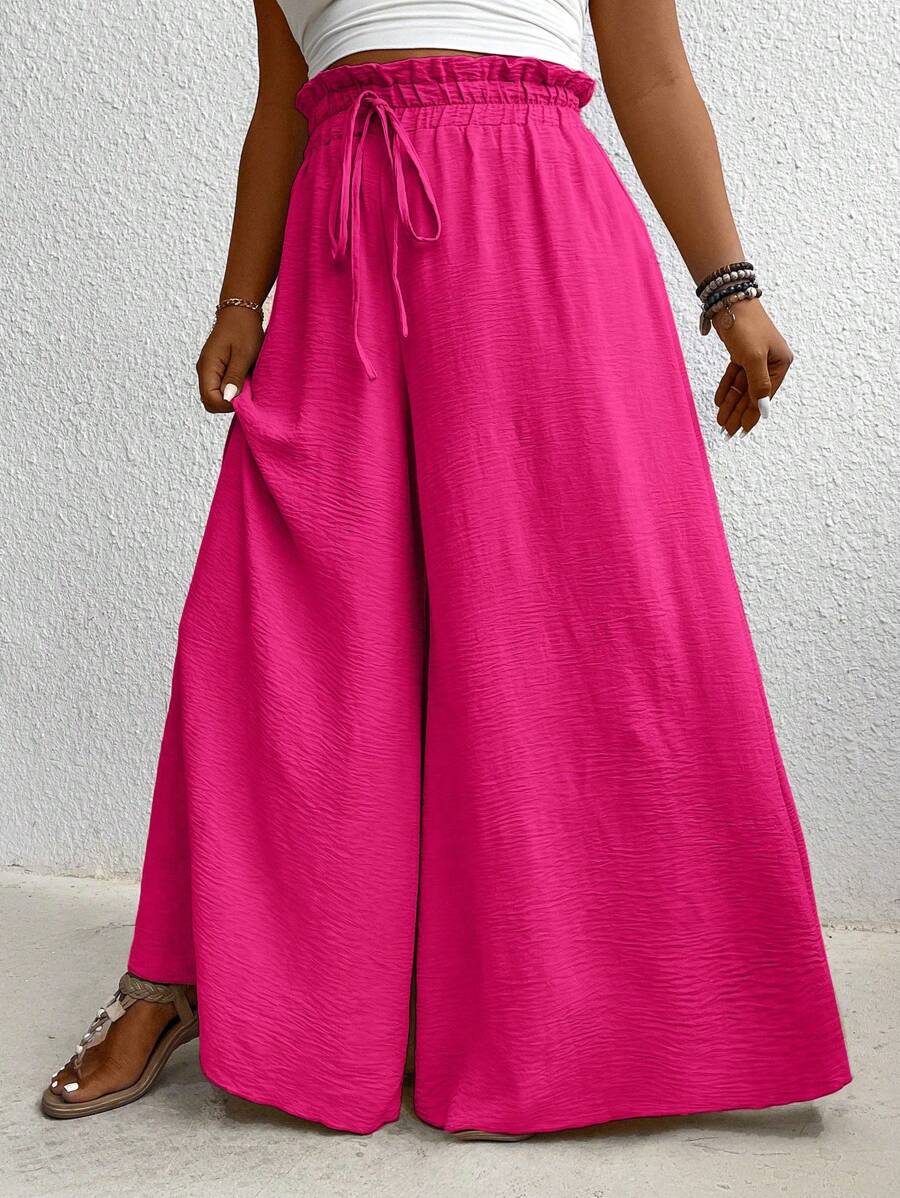 سروال واسع بقصة واسعة منسدل بحزام خصر مرن لمقاسات كبيرة