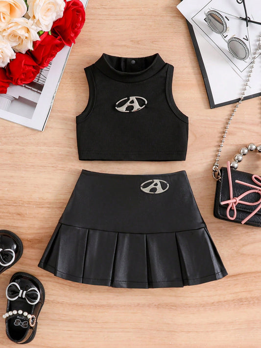 ملابس علوية طويل للبنات بتصميم الأضلاع مع شعار معدني وتنورة معدنية باليه بليسيه طويلة وجذابة وعصرية
