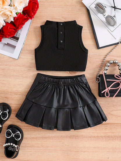 ملابس علوية طويل للبنات بتصميم الأضلاع مع شعار معدني وتنورة معدنية باليه بليسيه طويلة وجذابة وعصرية