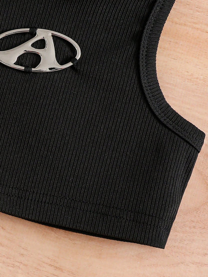 ملابس علوية طويل للبنات بتصميم الأضلاع مع شعار معدني وتنورة معدنية باليه بليسيه طويلة وجذابة وعصرية