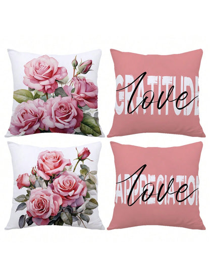 مجموعة من 4 أكياس وسائد بتصميم زهرة الورد من مادة الجلد الخوخي