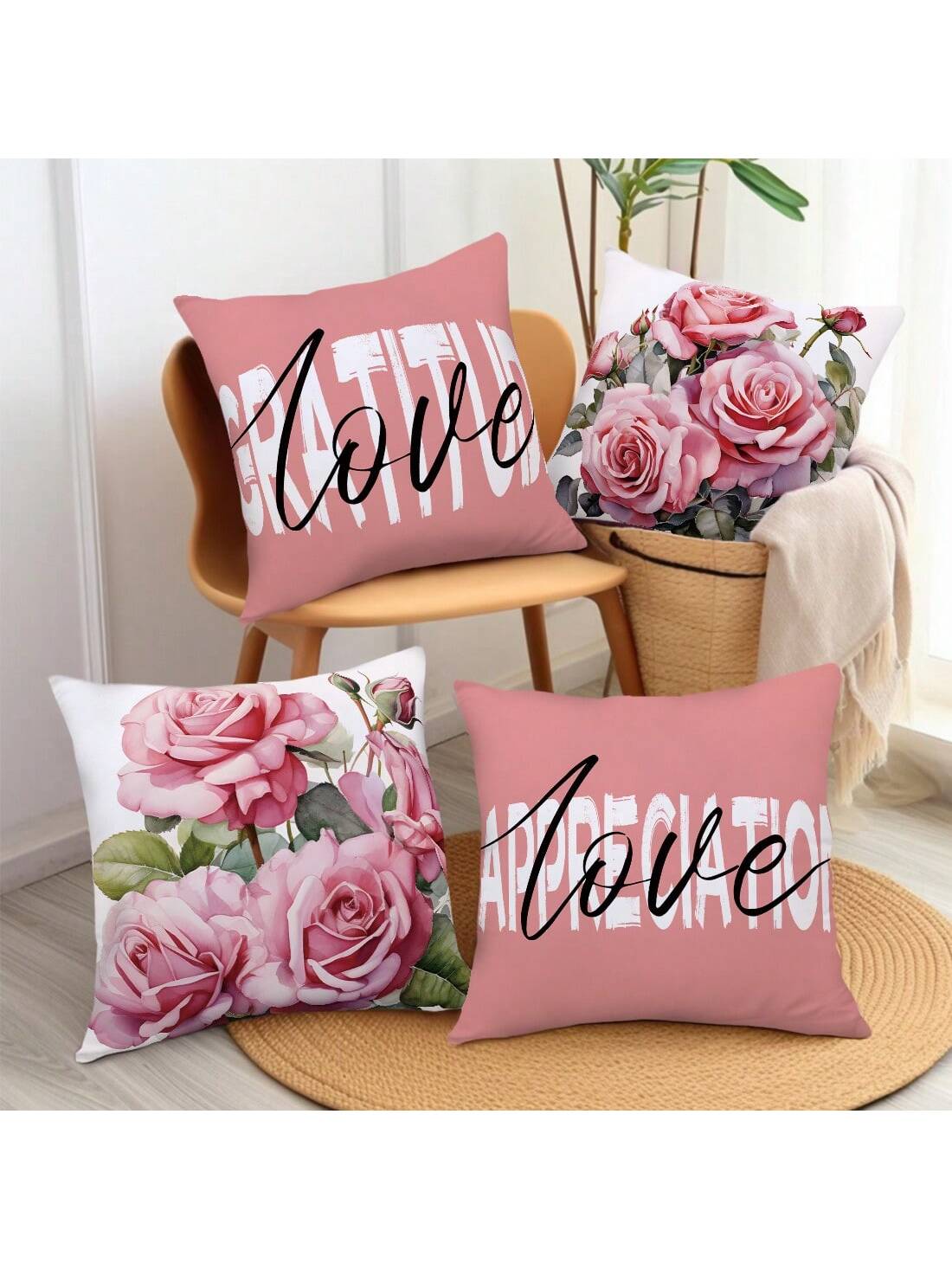 مجموعة من 4 أكياس وسائد بتصميم زهرة الورد من مادة الجلد الخوخي