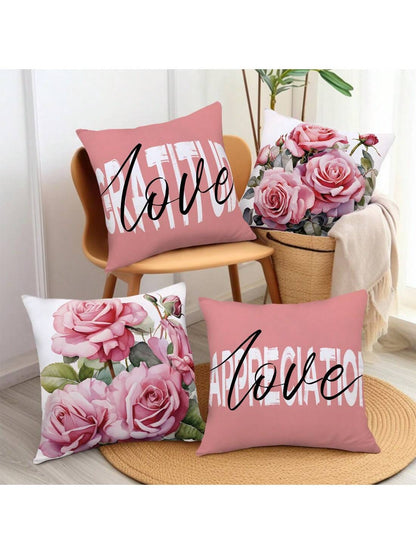 مجموعة من 4 أكياس وسائد بتصميم زهرة الورد من مادة الجلد الخوخي