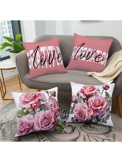 مجموعة من 4 أكياس وسائد بتصميم زهرة الورد من مادة الجلد الخوخي