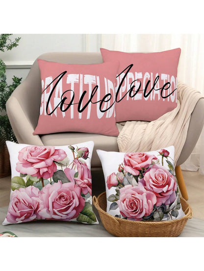 مجموعة من 4 أكياس وسائد بتصميم زهرة الورد من مادة الجلد الخوخي