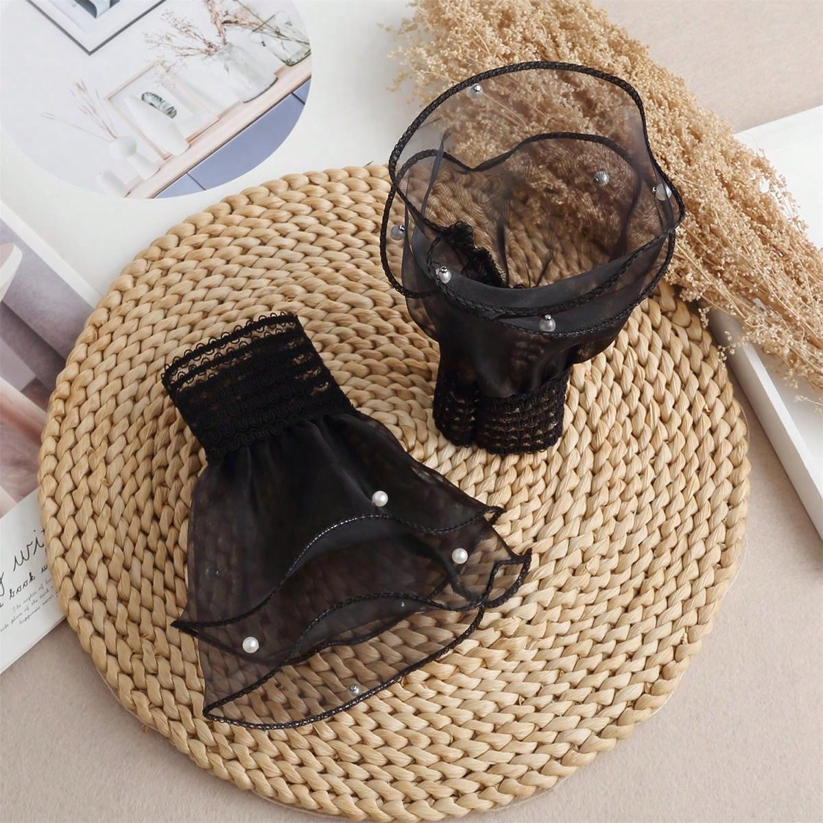 زوج من الأساور النسائية السوداء المرصعة بخرز الزجاج شكل جرس، ديكور أنيق وراقي مناسب لتزيين الملابس، للزفاف