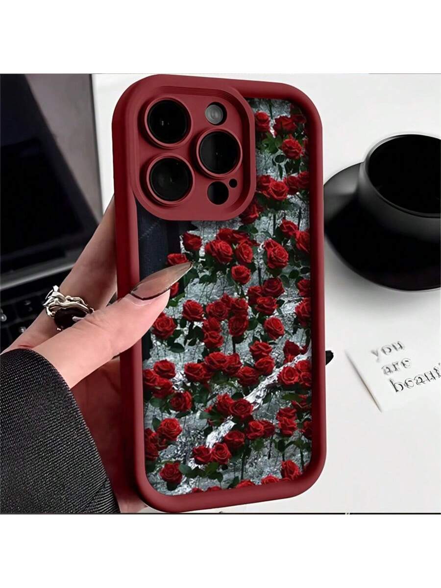 غطاء هاتف 1 قطعة من الزهور بتصميم نمط الورد النافر بثلاثة أبعاد بتقنية النقش على البلاستيك الحراري المرن (TPU) للحماية من الصدمات والماء