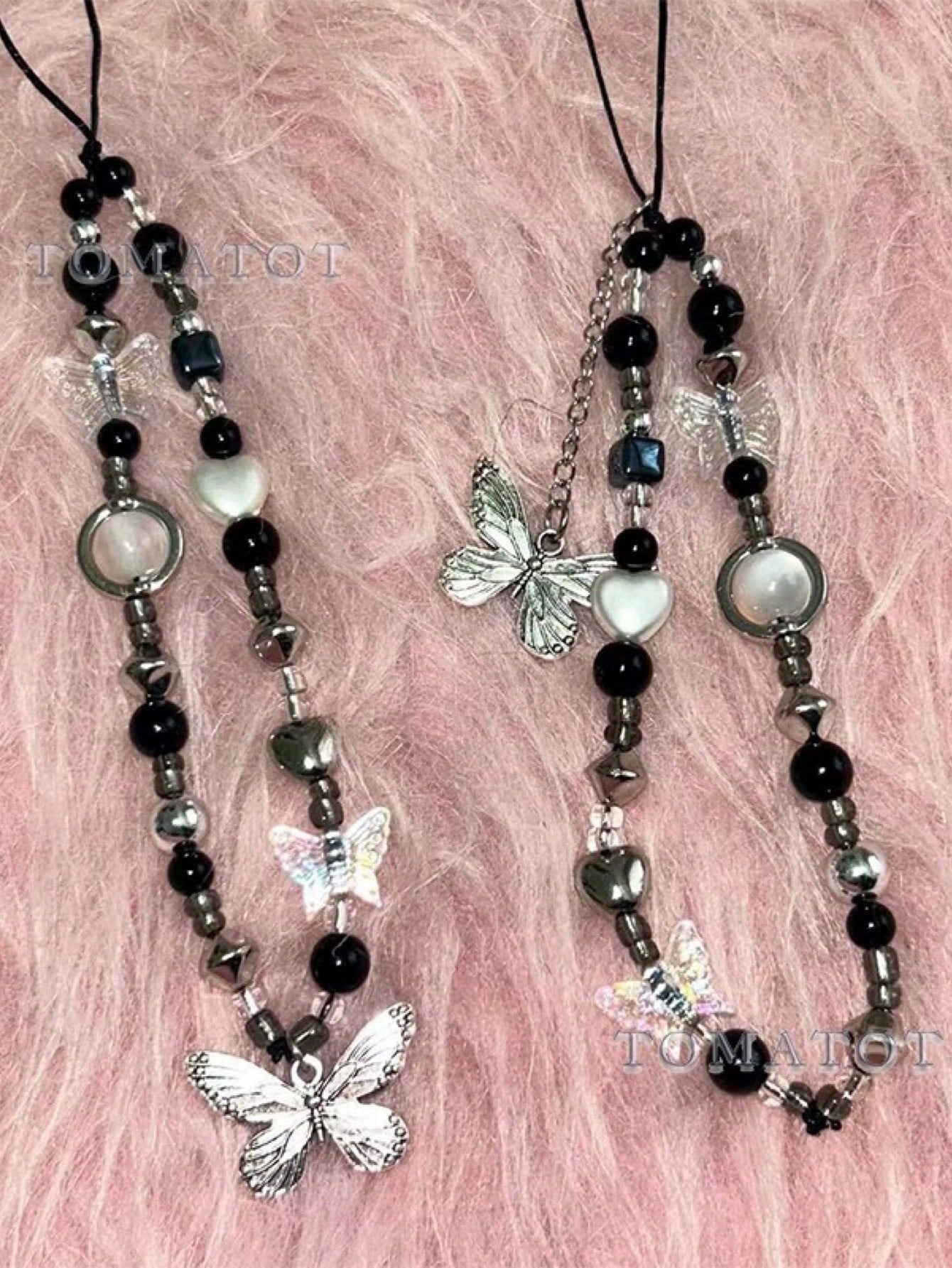 حزام هاتف مختصر أسود وأبيض على شكل فراشة بنمط كوري، حبل مربوط زخرفي بوهيمي، قلادة جراب تليفون عالمية