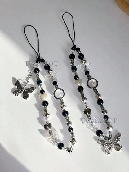 حزام هاتف مختصر أسود وأبيض على شكل فراشة بنمط كوري، حبل مربوط زخرفي بوهيمي، قلادة جراب تليفون عالمية