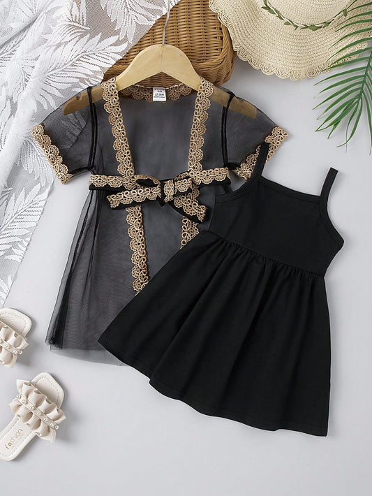 طقم فتاة رضيعة ،فستان بحمّالات شريطية وتطريز زهري على شال مشبك، أنيق وموضة ومريح،مناسب لفصل الربيع/الصيف