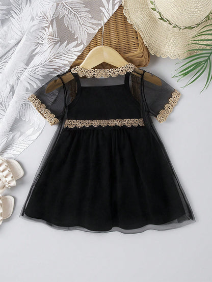 طقم فتاة رضيعة ،فستان بحمّالات شريطية وتطريز زهري على شال مشبك، أنيق وموضة ومريح،مناسب لفصل الربيع/الصيف