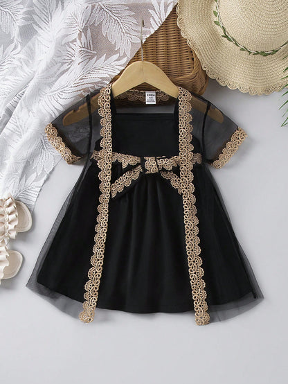 طقم فتاة رضيعة ،فستان بحمّالات شريطية وتطريز زهري على شال مشبك، أنيق وموضة ومريح،مناسب لفصل الربيع/الصيف