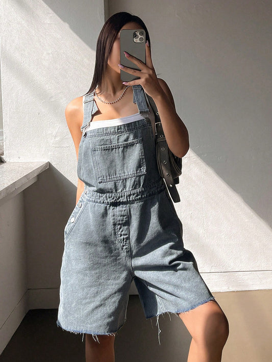 زي تقفيط جينز للنساء ذو لون سادة و تصميم بدون أكمام مع جيوب وحواف متقشرة