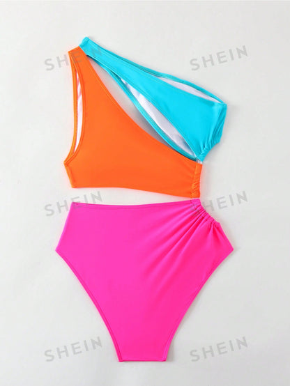 مايوه نسائي مقنع مائل بتباين الألوان لشاطئ