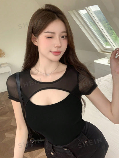 تي شيرت تي شيرت بأكمام قصيرة ذو شبكة والحشوة المفرغة للحفلات والعودة إلى المدرسة