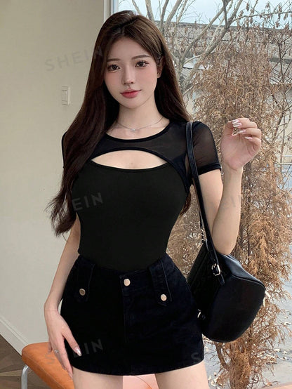 تي شيرت تي شيرت بأكمام قصيرة ذو شبكة والحشوة المفرغة للحفلات والعودة إلى المدرسة