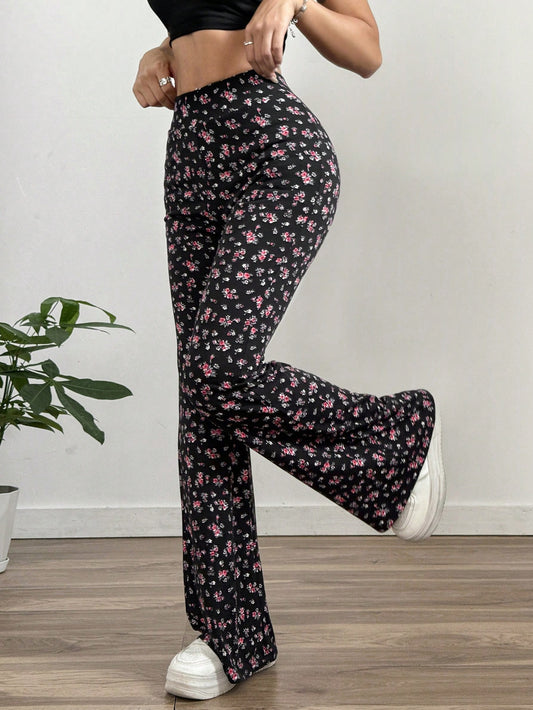 بنطال نسائي مزهر متدفق مُحبك لربيع وخريف