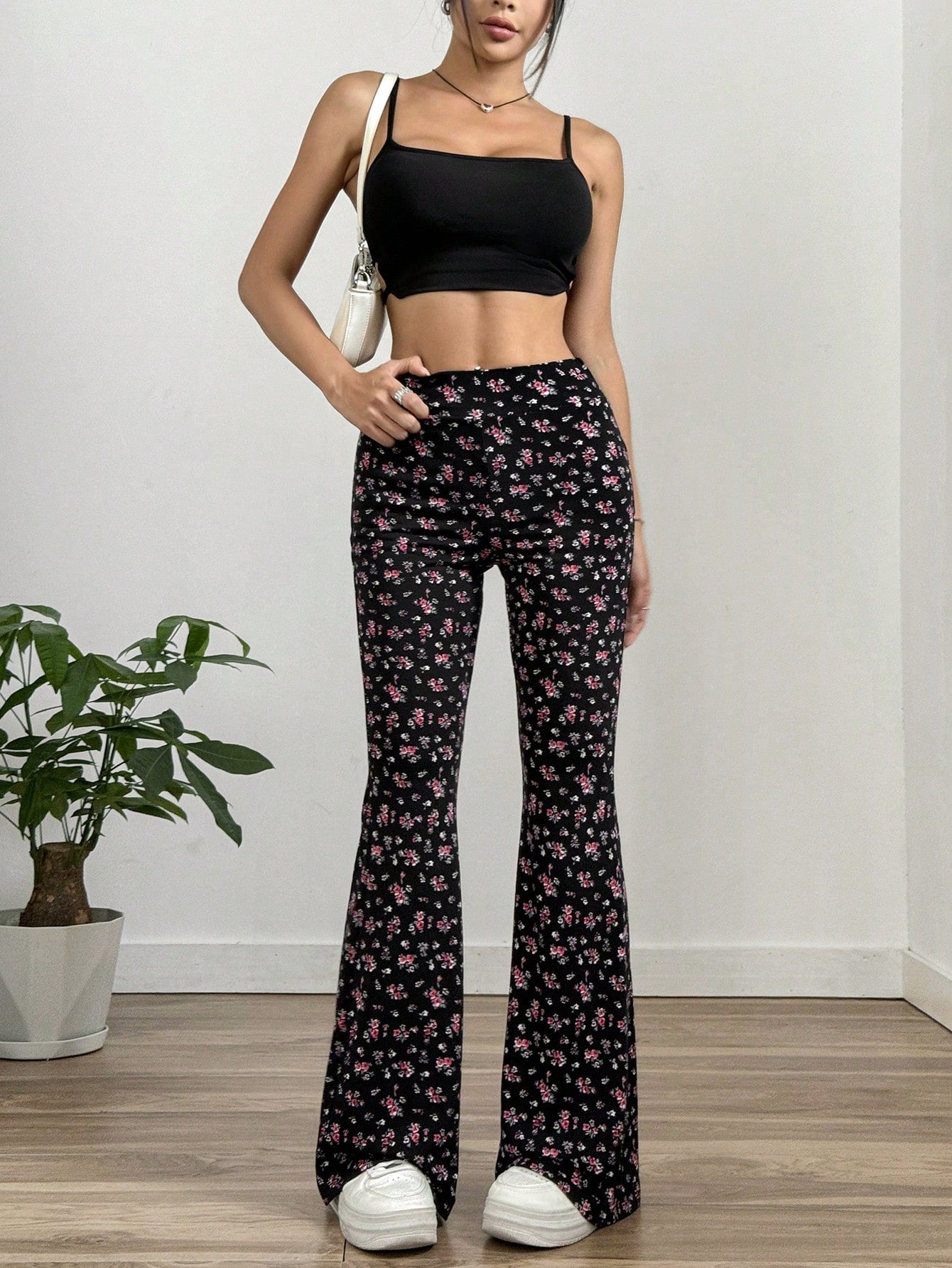 بنطال نسائي مزهر متدفق مُحبك لربيع وخريف