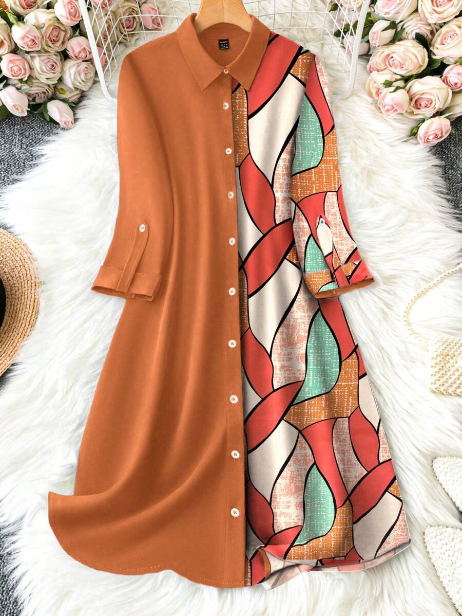 فستان نسائي مطبوع مضاف مع طية ياقة هادئة