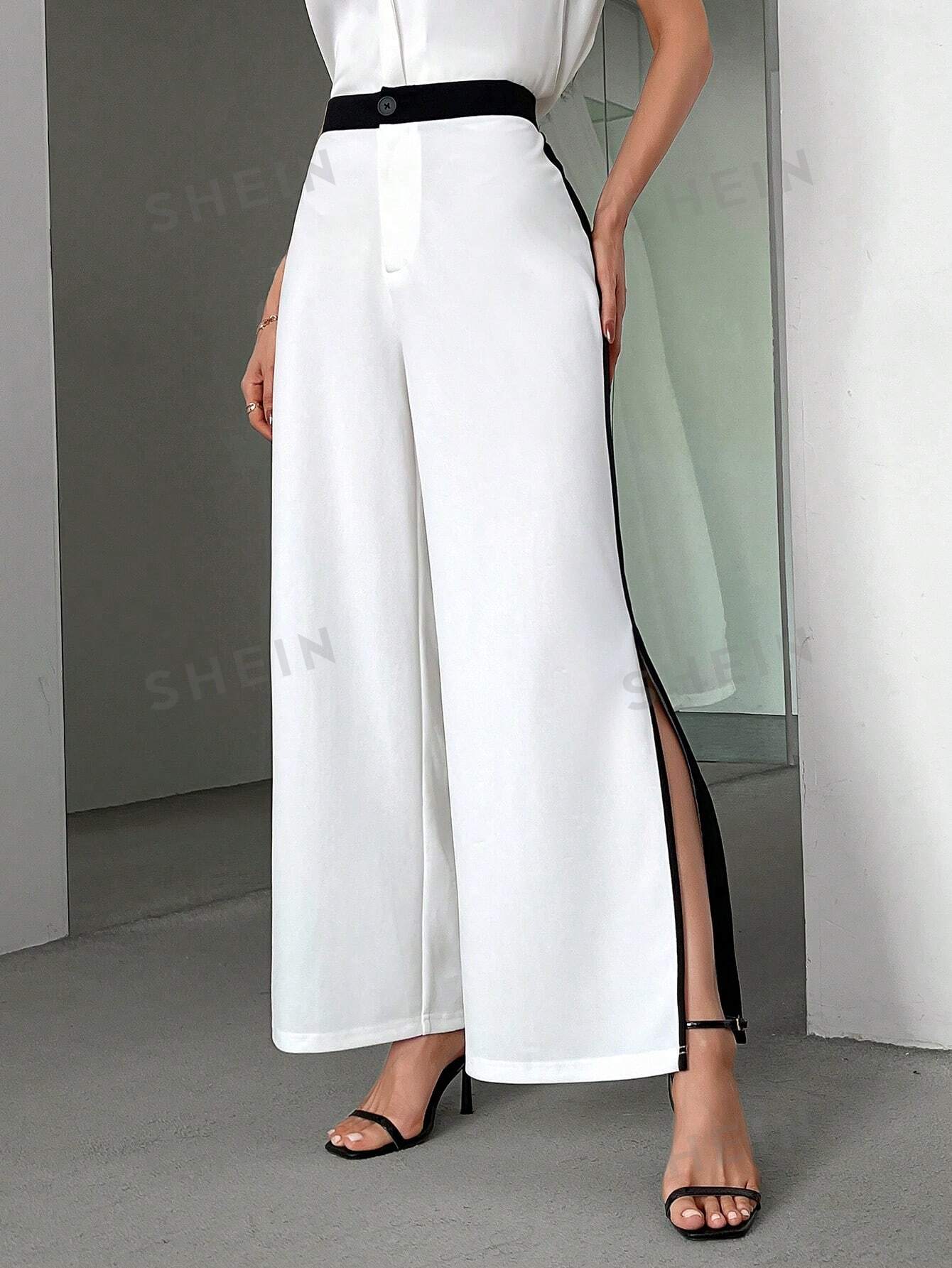 سروال واسع الساقين للنساء بتصميم بسيط وأنيق على شكل كتل الألوان مع شق جانبي