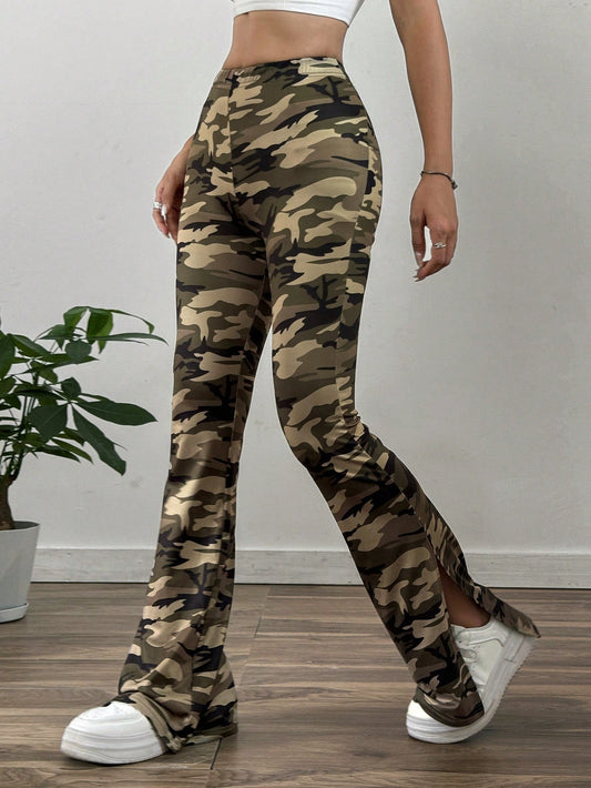 سروال نسائي بطبعة الكاموفلاج المحبوك بساق واسعة قابل للتمدد