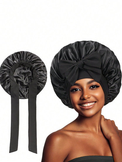 قبعة دائرية بشريط دينج وقوس زخرفي واسع مطاطي محاك من الحرير لتزيين الشعر مع حافة واسعة من الأقمشة الداخلية ليلية