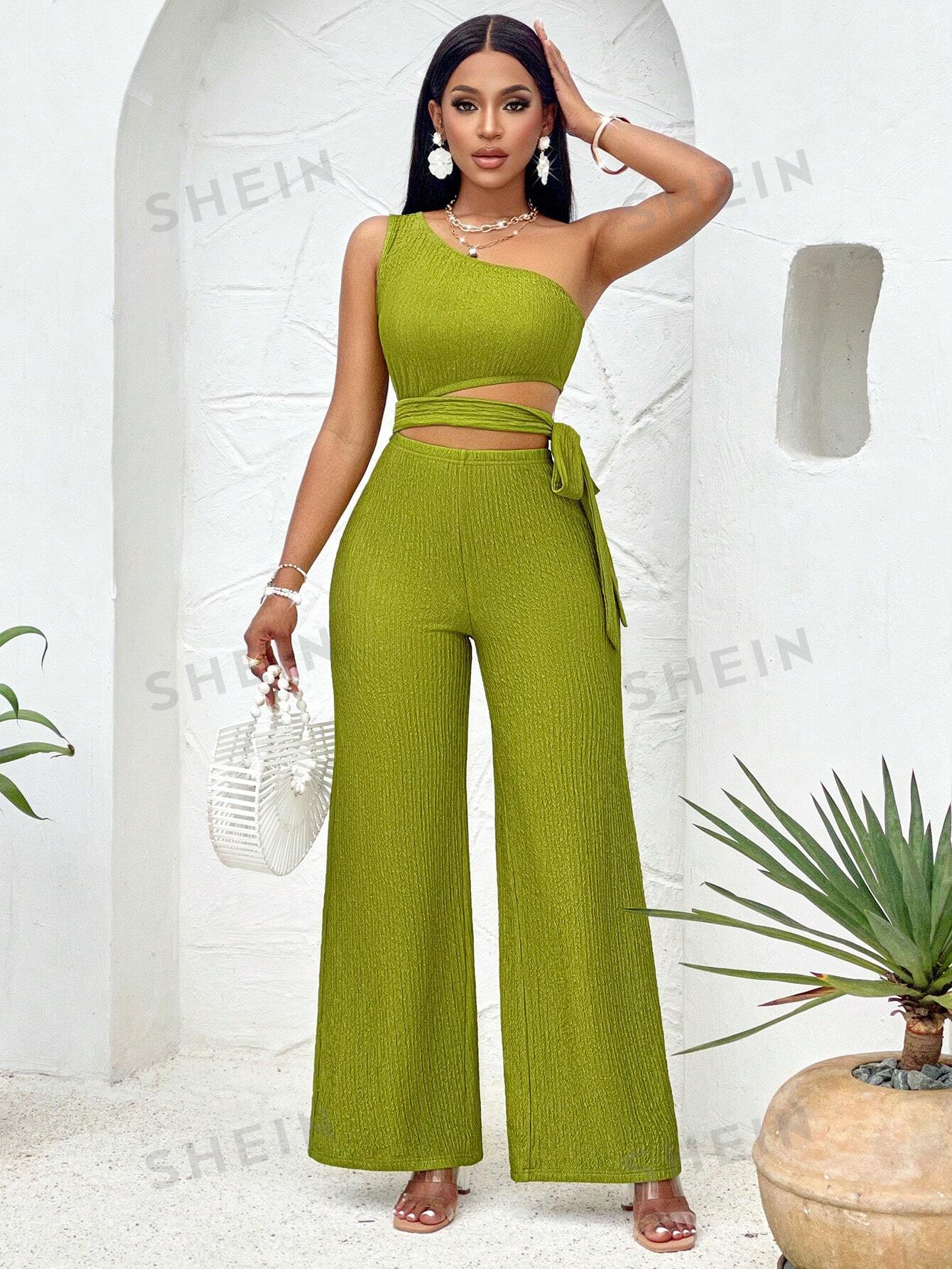 اون شولدر ، توب مع حزام عريض مزدوج، أخضر مطرّز