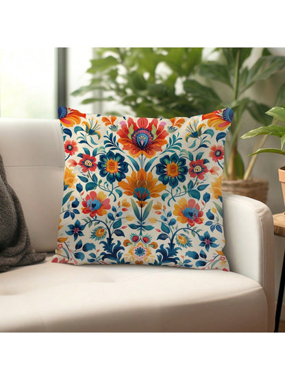 وسادة مغطاة واحدة بطبعة Morris مطبوعة باللون البرتقالي والأزرق، مصنوعة من مادة نسيج الخوخ، بقياس 45*45 سم/18*18 إنش