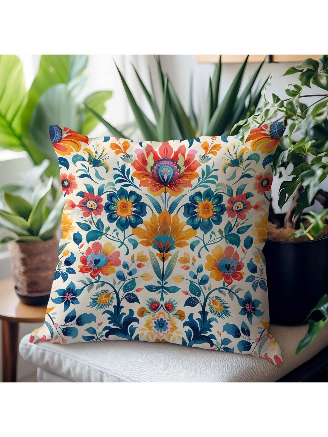 وسادة مغطاة واحدة بطبعة Morris مطبوعة باللون البرتقالي والأزرق، مصنوعة من مادة نسيج الخوخ، بقياس 45*45 سم/18*18 إنش