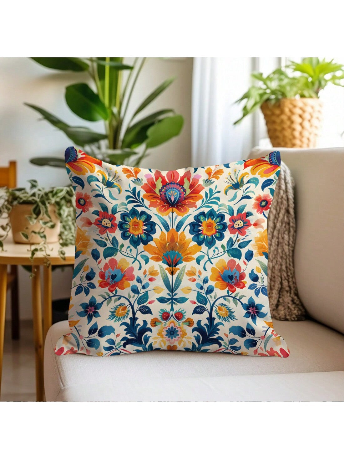 وسادة مغطاة واحدة بطبعة Morris مطبوعة باللون البرتقالي والأزرق، مصنوعة من مادة نسيج الخوخ، بقياس 45*45 سم/18*18 إنش