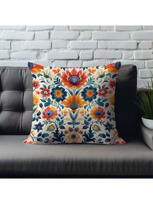 وسادة مغطاة واحدة بطبعة Morris مطبوعة باللون البرتقالي والأزرق، مصنوعة من مادة نسيج الخوخ، بقياس 45*45 سم/18*18 إنش